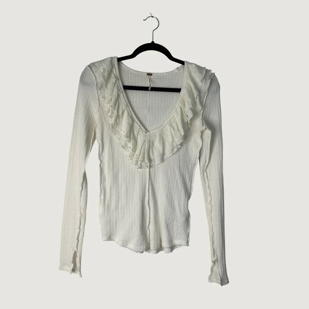 Free People Ruffle V-Neck Top Womens S Cream Pointelle Knit Peasant Boho Cottage